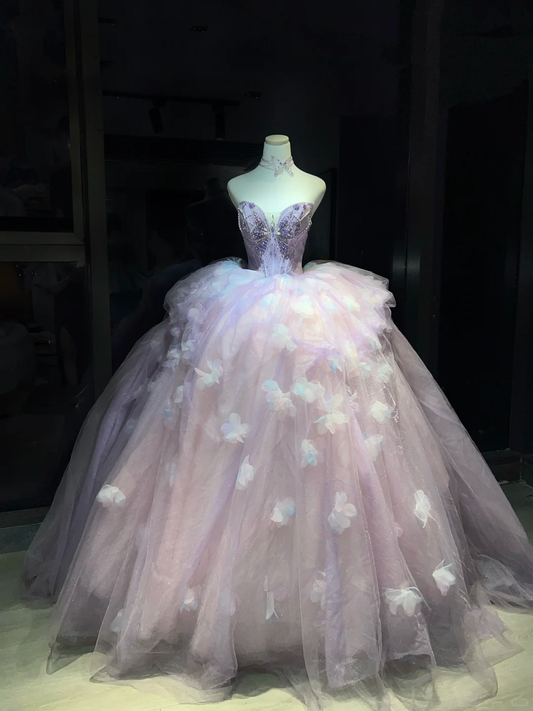 Lavender 3D Floral Tulle Long Evening Gown Strapless Puffy Ball Gown Prom Dress  NV7063