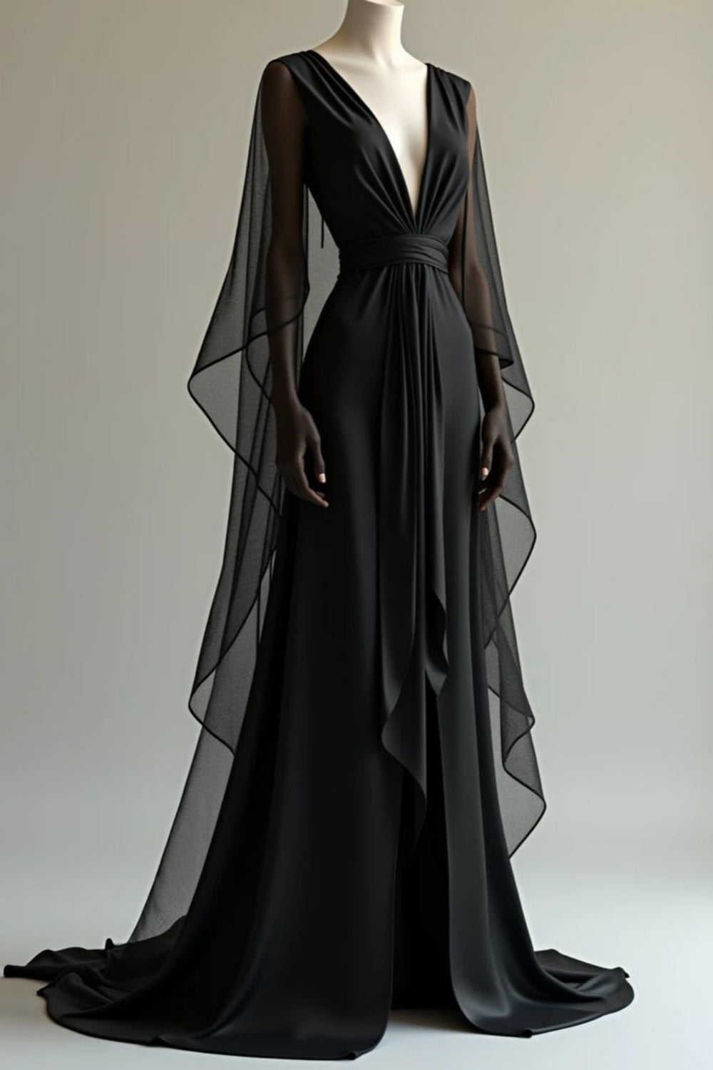 NiceVestidos-_Black long-sleeved chiffon dress with a sweetheart neckline NV6014