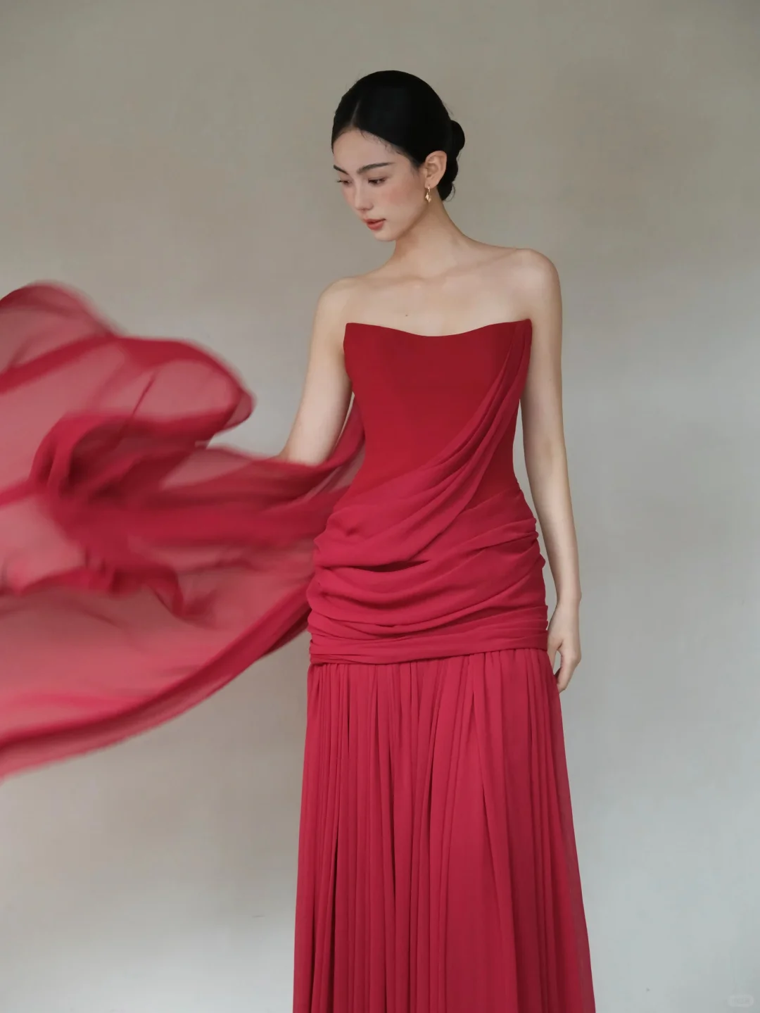 Burgundy One Shoulder Draped Chiffon Pleated Evening Gown with Cape  NV7188