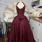 Halter Sleeveless Burgundy Satin Maxi Dress | Luxury Elegant Tassel Waist Ball Gown for Gala Ball NV6299