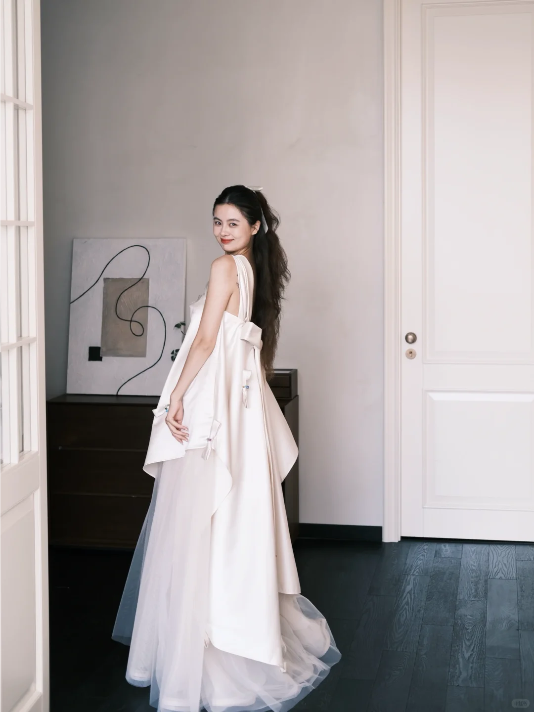 Halter Cutout Satin Tulle Wedding Dress with Beaded Bow Details  NV7385