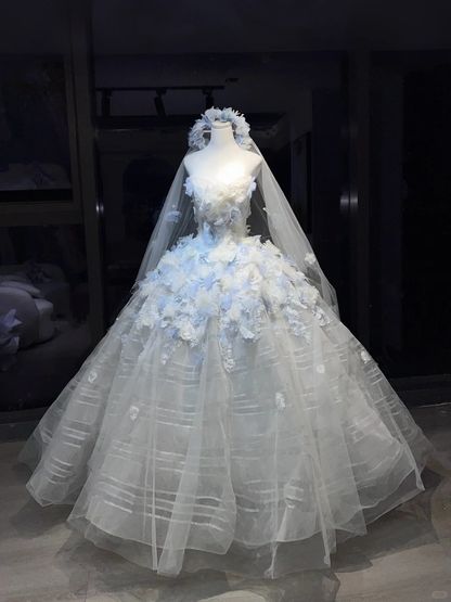 White Blue Ombre Strapless Ball Gown Wedding Dress 3D Flower Tulle Bridal Prom Gown  NV7065