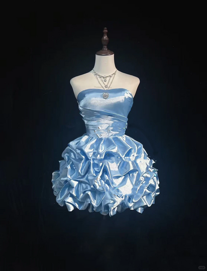 Light Blue Strapless Short Homecoming Dress Ruched Satin Puffy Ruffle Skirt Rhinestone Formal Cocktail Gown  NV6907