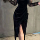 Black retro simple elegant velvet with tulle long sleeves long ball gown evening dress party gift nv2595