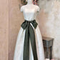 White Vintage Elegant Dark Green Bowknot Long Satin Homecoming Dress Prom Dress Evening Dress Party Dress nv3526