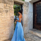 Blue Elegant Long Satin Pleated Holiday Party Dress Special Occasion Dress Strapless Floor Length Ball Gown nv2959