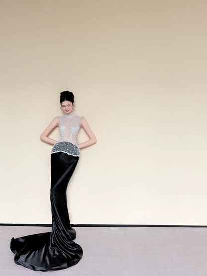 High Neck Sheer Rhinestone Black Satin Mermaid Evening Gown  NV7423