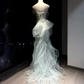 Light Mint Off Shoulder Long Mermaid Formal Gown Hand Beaded Ruffle Tulle Evening Dress  NV6959