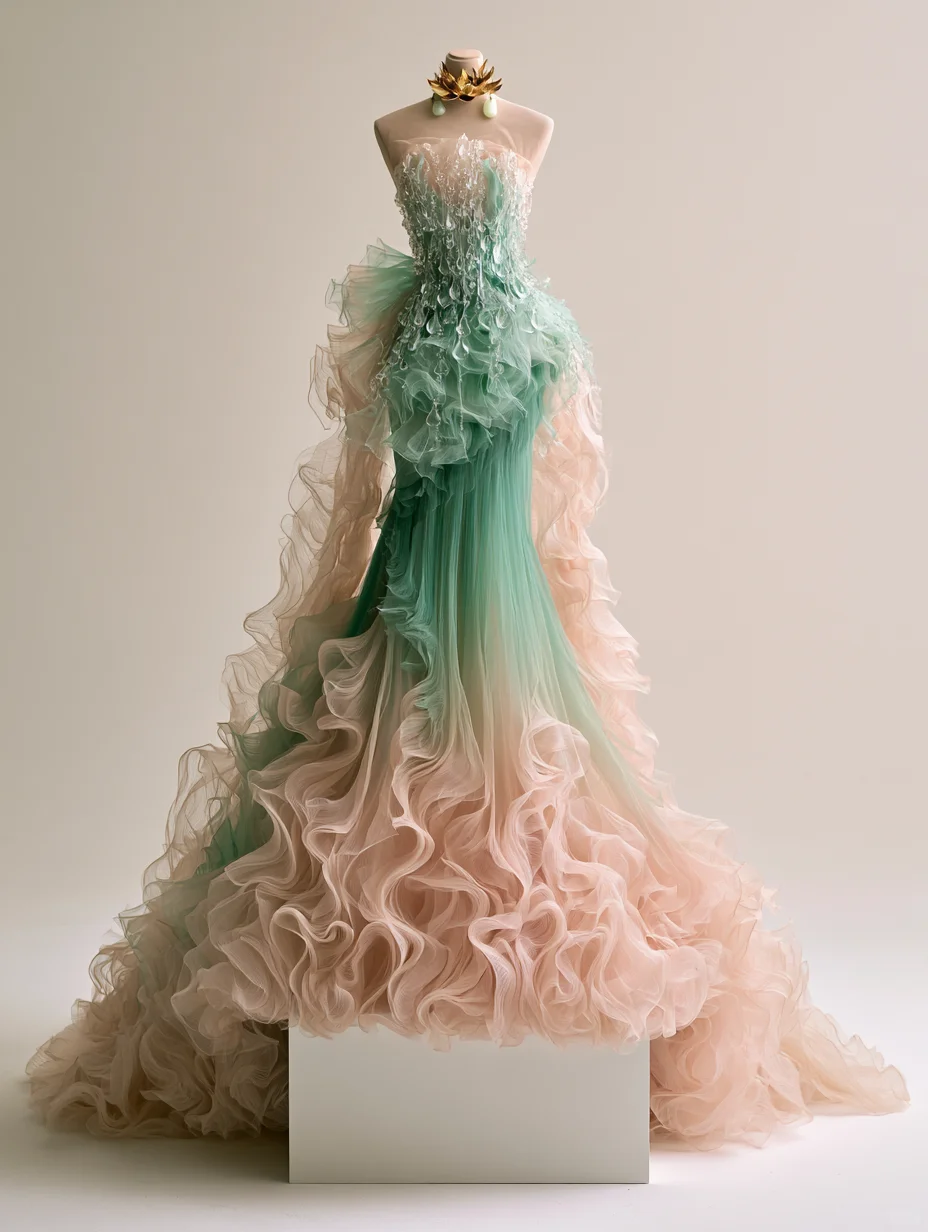 Mint Green Peach Pink Gradient Strapless Crystal Beaded Mermaid Gown  NV7479