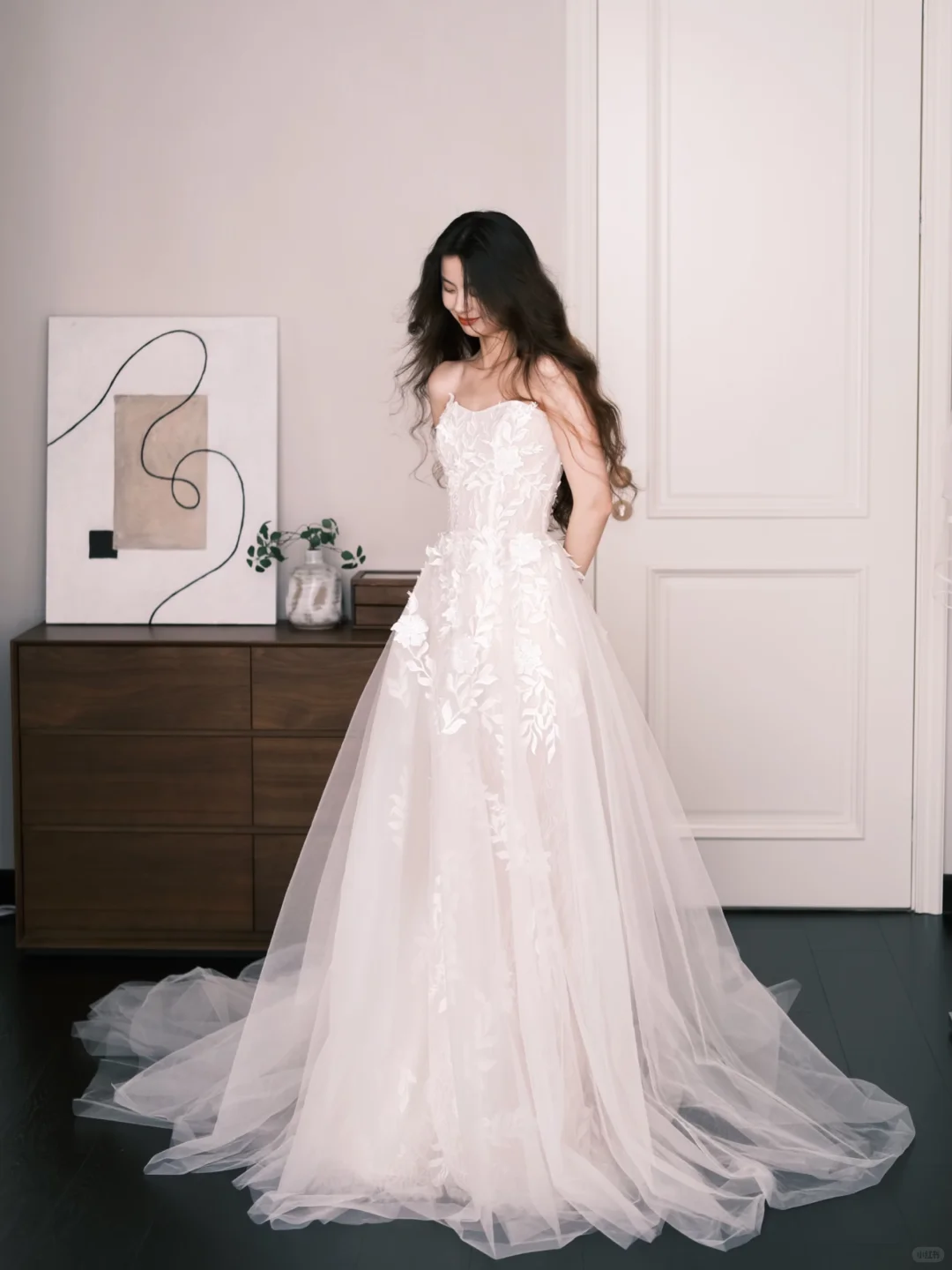Tulle A Line Wedding Dress Strapless 3D Floral Applique High Slit Bridal Gown  NV7243