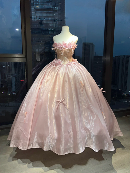 Light Pink Strapless Princess Evening Gown 3D Roses Lace Boned Shimmer Organza Big Ball Skirt Long Prom Dress  NV7021