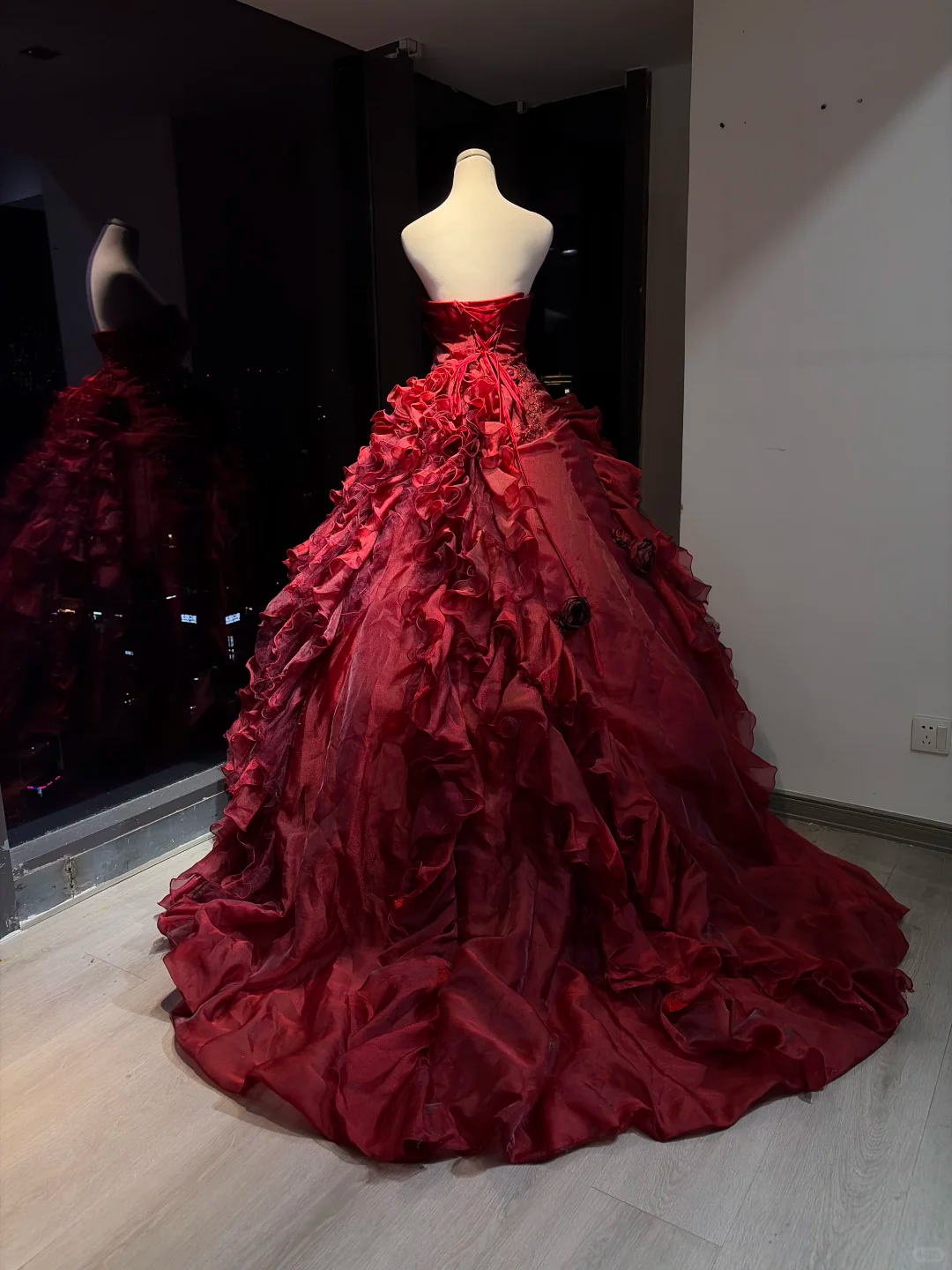 Burgundy Strapless Ball Gown 3D Rose Beaded Ruffle Tulle Formal Evening Dress  NV6972