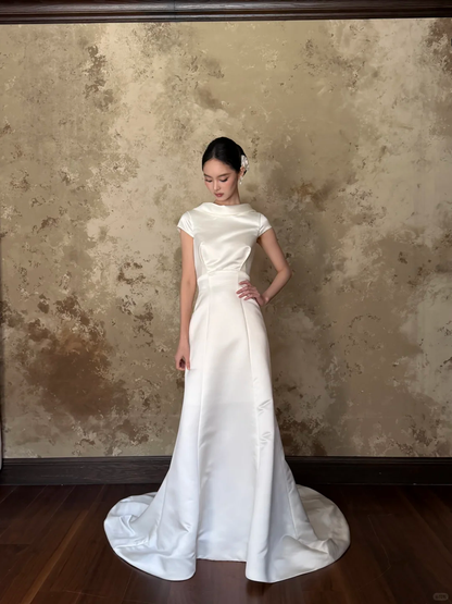 Ivory Cap Sleeve Satin Mermaid Wedding Gown Fold Collar  NV7187