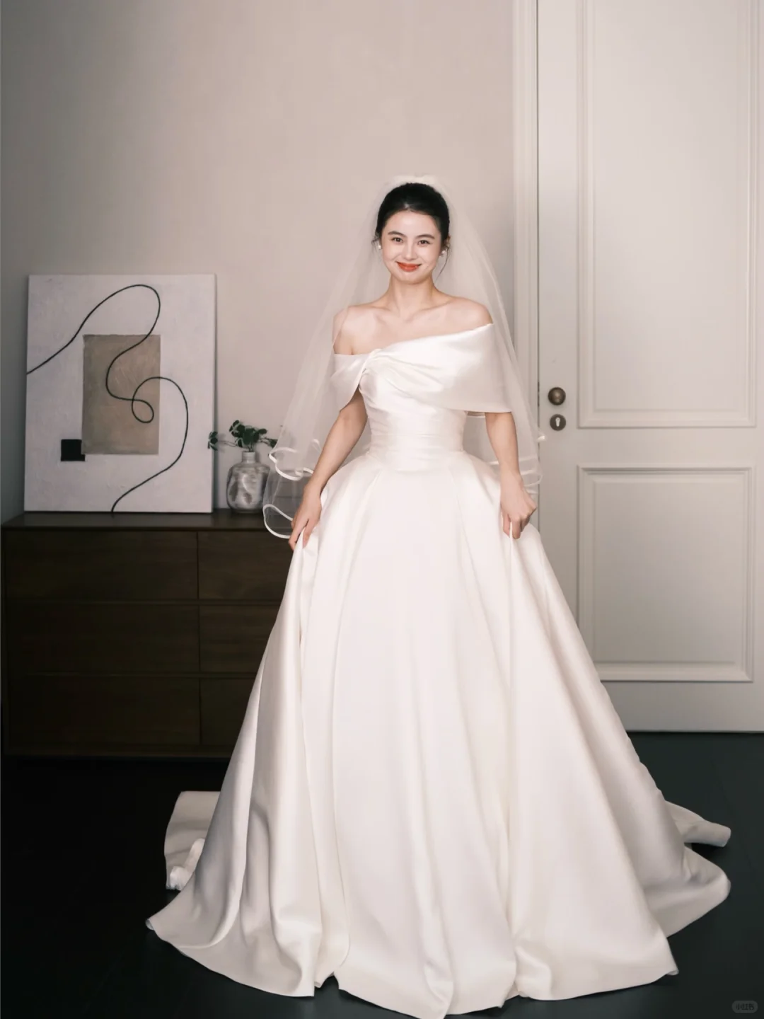 Off Shoulder Twist Ruched Satin Wedding Dress with Long Train  NV7376