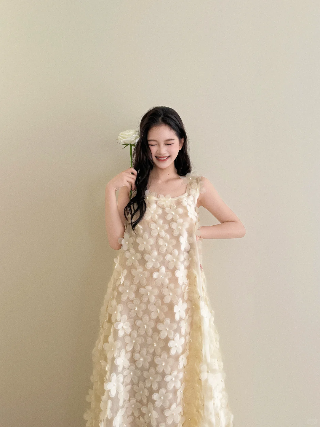 Champagne Square Neck 3D Floral Tulle Dress Pearl Evening Gown  NV7131