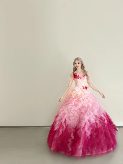Ombre Fuchsia Strapless Tulle Ball Gown 3D Floral Prom Dress  NV7178