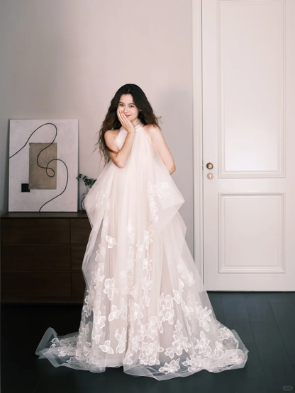 Halter Sheer Tulle Bridal Gown, A-Line Wedding Dress with 3D Flower Petal Appliques  NV7327