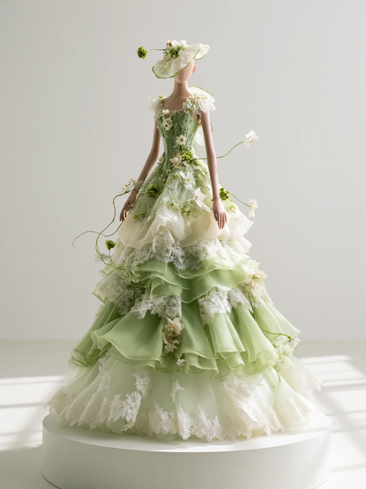 Spaghetti Strap Green Fairy Evening Gown, Cascading 3D Flowers, Ruffled Organza Lace Ball Gown for Photoshoot  NV7468
