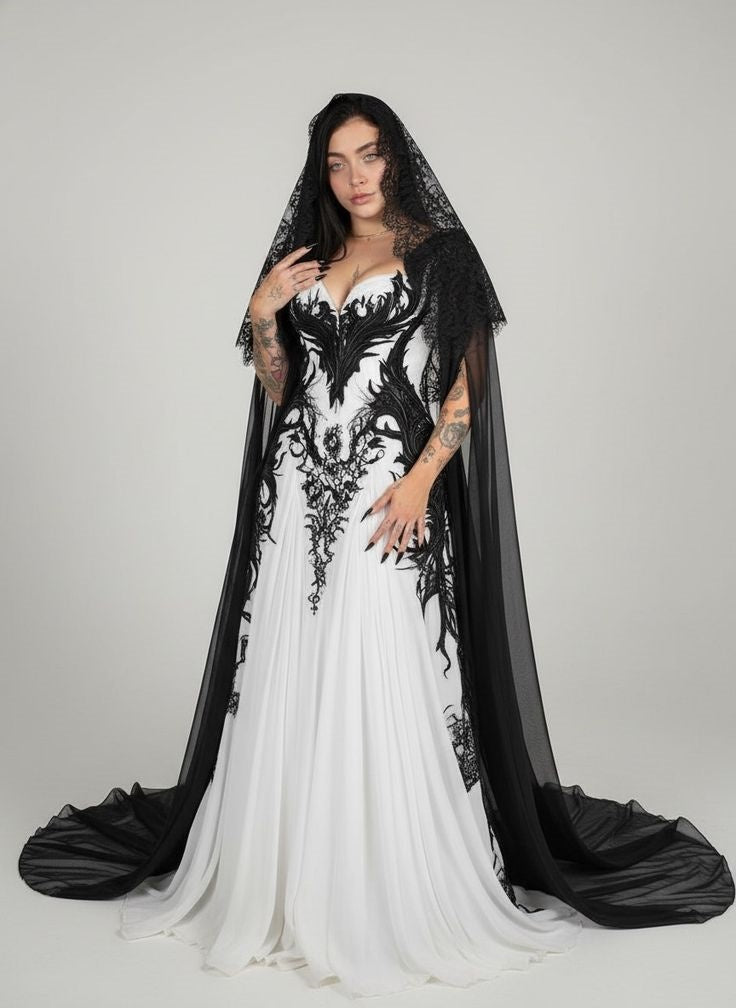 Purple-Black-White Contrast 3D Embroidery Strapless Lace Veil Dark Wedding Dress NV6226
