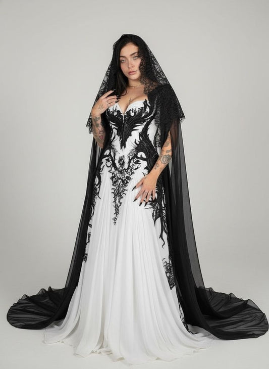 Purple-Black-White Contrast 3D Embroidery Strapless Lace Veil Dark Wedding Dress NV6226