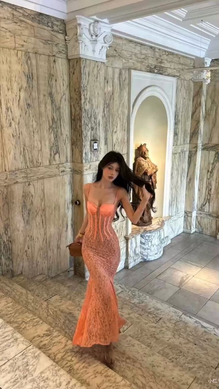 Stunning Orange Mermaid Spaghetti Strap Lace Long Evening Dress Prom Dress Party Dress nv2885