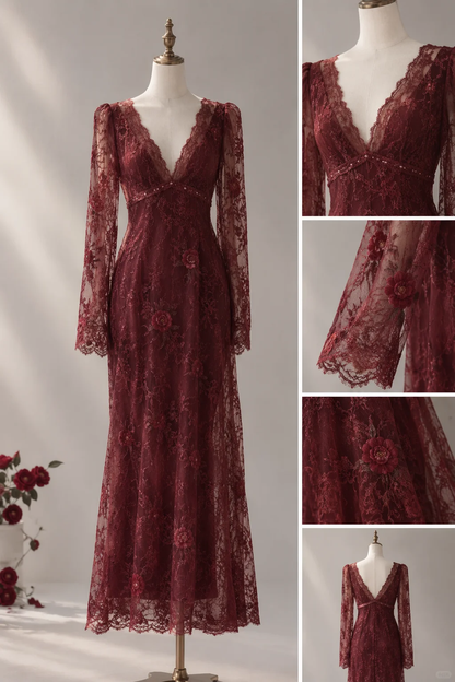 Burgundy Lace Mermaid Prom Dress, V Neck Long Sleeve with 3D Rose Flower Appliques  NV7449