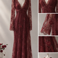 Burgundy Lace Mermaid Prom Dress, V Neck Long Sleeve with 3D Rose Flower Appliques  NV7449