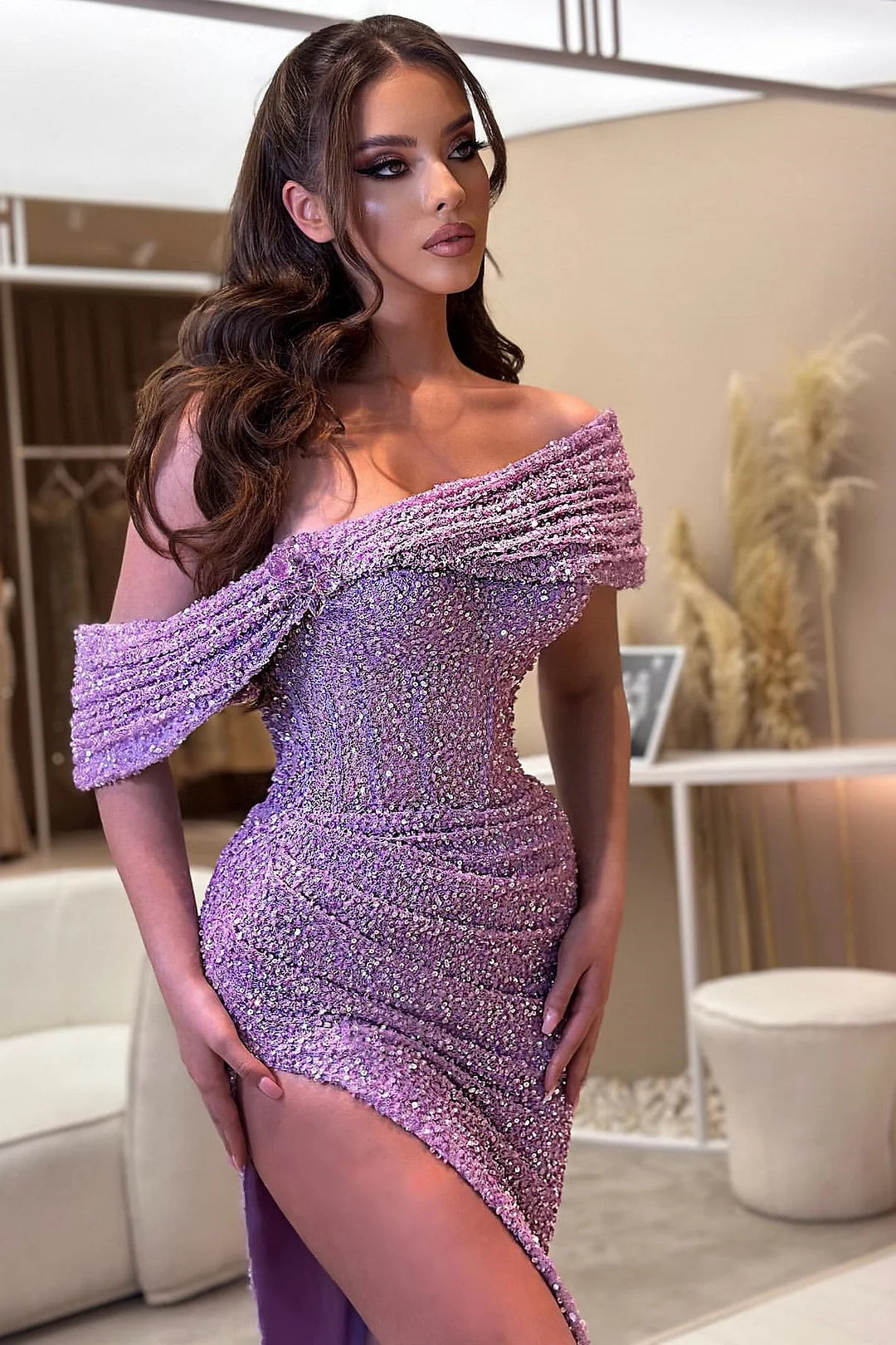 Gorgeous exquisite off-shoulder lavender evening gown sequined mermaid slit dress evening gown ball gown nv1813