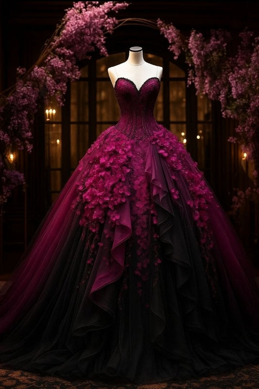 NiceVestidos-Lila-Schwarz Farbverlauf Tüll 3D Blumenmuster Trägerloses Ärmelloses Bodenlanges Schleppenkleid NV6161