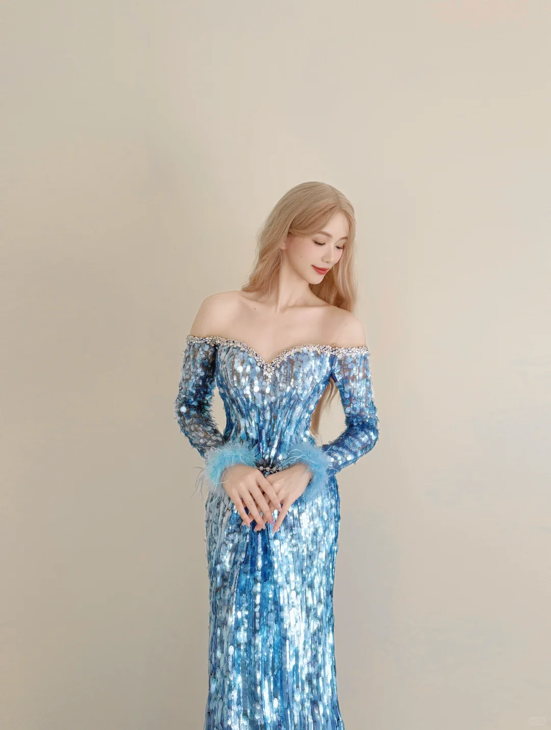 Ice Blue Sequin Off Shoulder Mermaid Prom Gown Long Sleeve Feather Formal Dress  NV7170