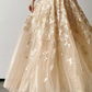 Champagne Strapless Ball Gown Gold Floral Tulle Prom Dress With Streamer  NV7113