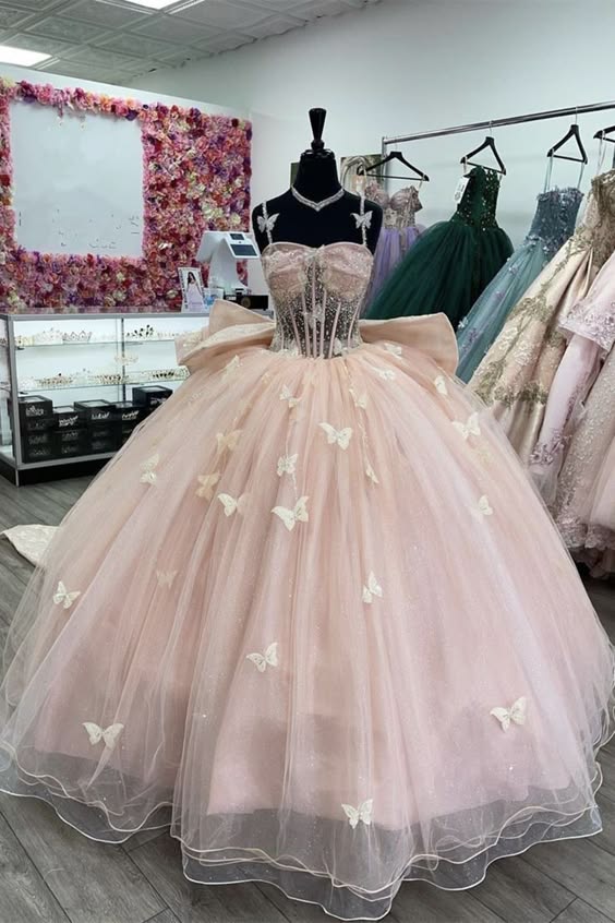 pink butterfly tulle beaded quince RA dress evening ball gown nv2685