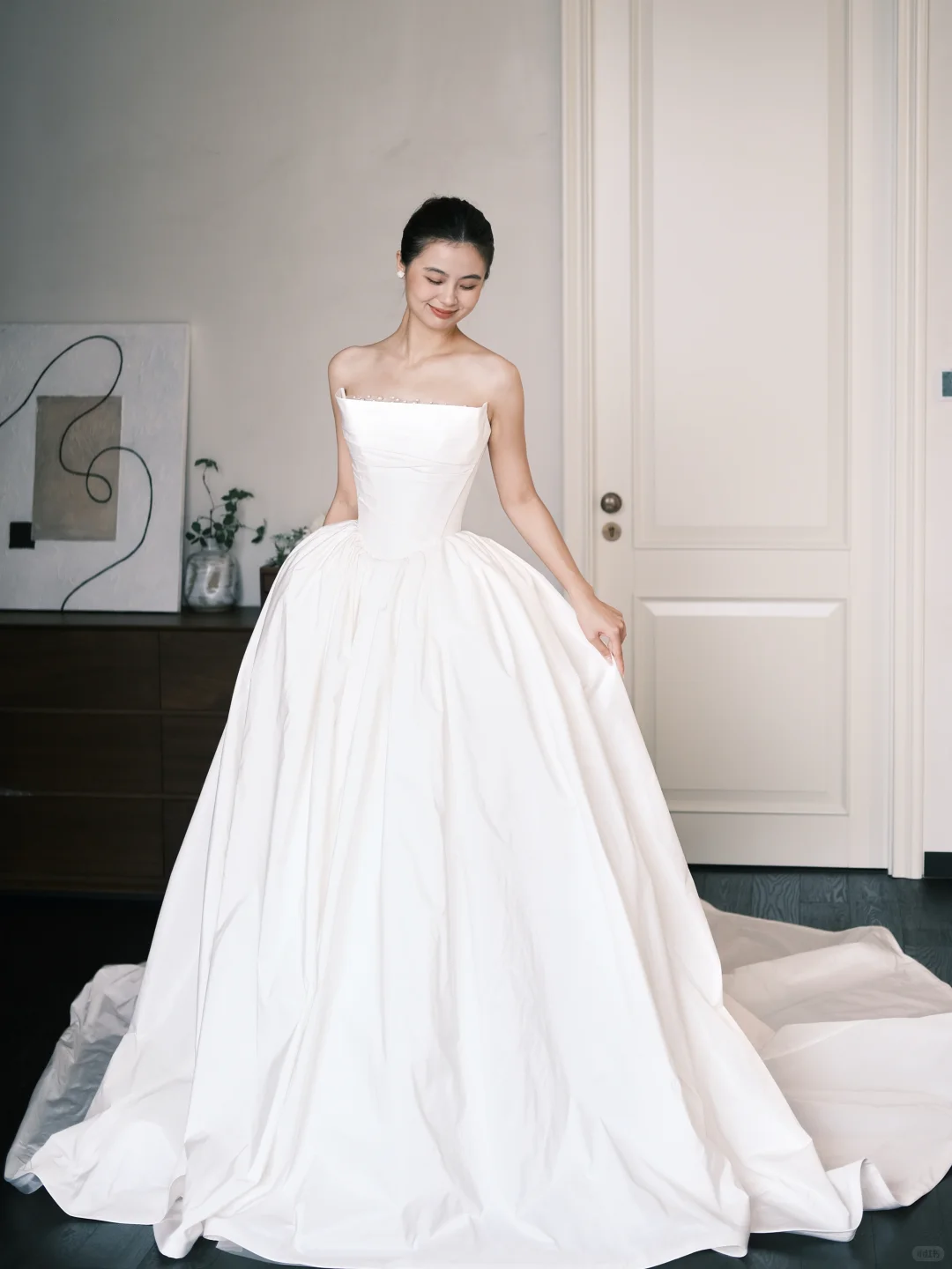 Strapless Boned Satin Ballgown Wedding Dress with Pearl Detail  NV7386