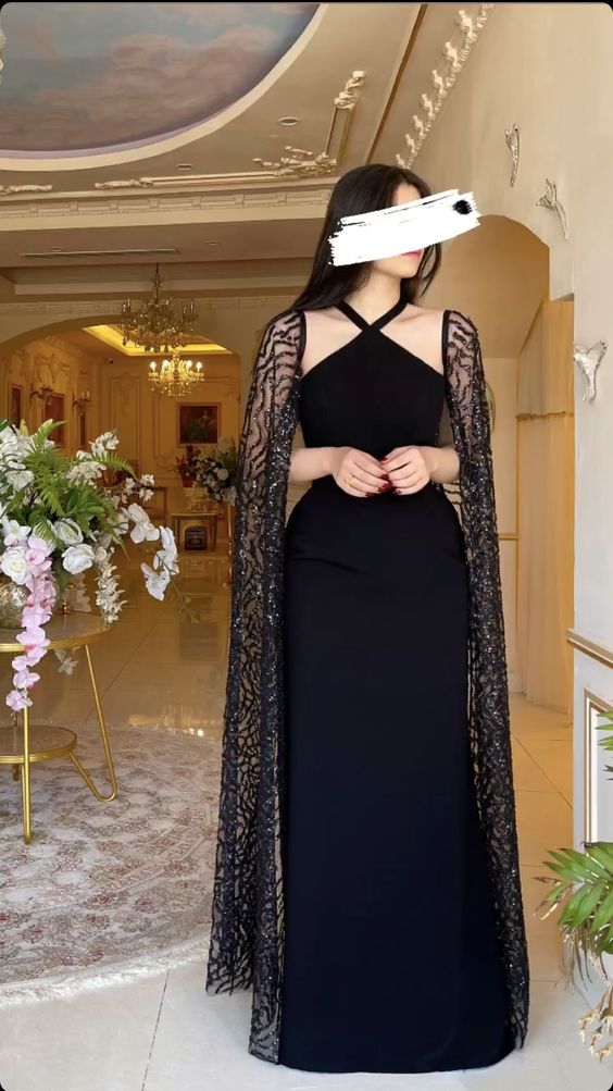 Black halter neck elegant long cape ball gown evening dress nv2165