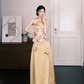Gold Chinese Style Floral Satin Evening Gown, Strapless Corset Reception Dress  NV7292