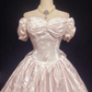 Off Shoulder Pale Pink Vintage Tea Length Prom Dress Jacquard Satin Puff Sleeve Floral Pattern A-Line Formal Gown  NV6900