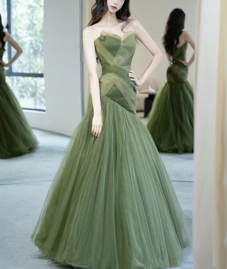 Green beautiful elegant long tulle off-shoulder ball gown evening dress nv73