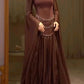 NiceVestidos--Luxurious Dark Brown Satin Chiffon Spliced Square Neck Beaded Flared Sleeve Floor Length Gown NV5755