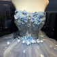 Dusty Blue Strapless Princess Evening Gown 3D Flowers Cloud Ruffled Tulle Voluminous Ball Skirt Long Prom Dress  NV7020
