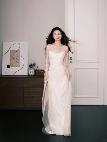 Strapless Satin Minimalist Wedding Dress, Ivory Bridal Gown with Tulle Sleeves  NV7281