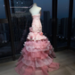 Pink Ombre Strapless Mermaid Evening Gown Ruched 3D Roses Tiered Ruffle Organza Long Prom Dress  NV7014
