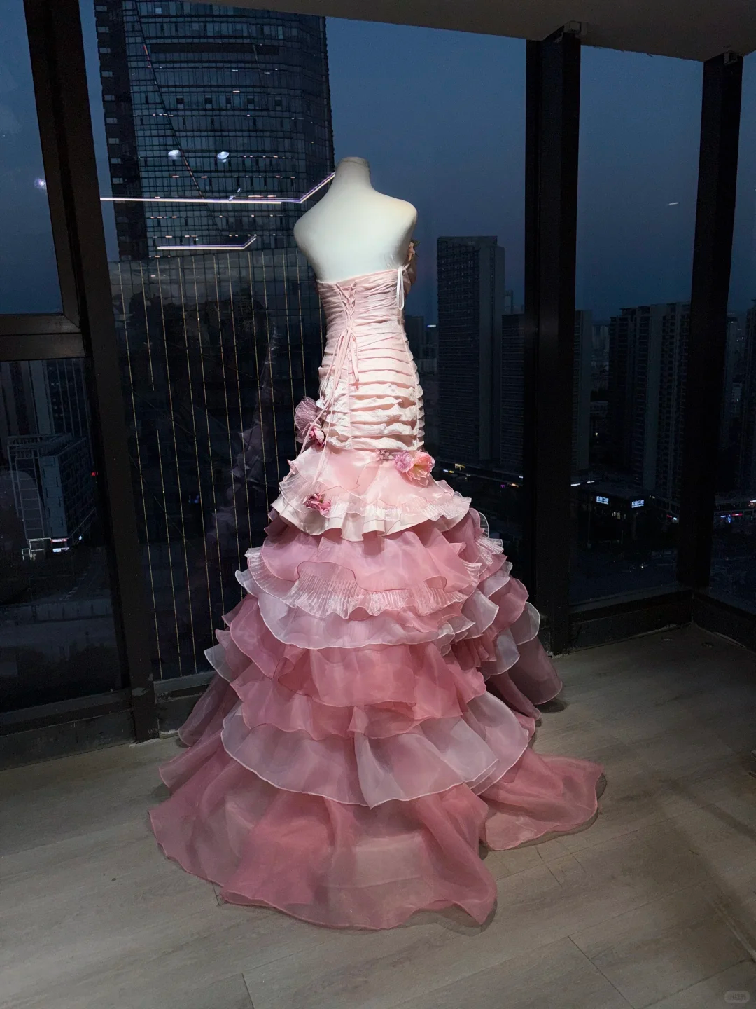 Pink Ombre Strapless Mermaid Evening Gown Ruched 3D Roses Tiered Ruffle Organza Long Prom Dress  NV7014