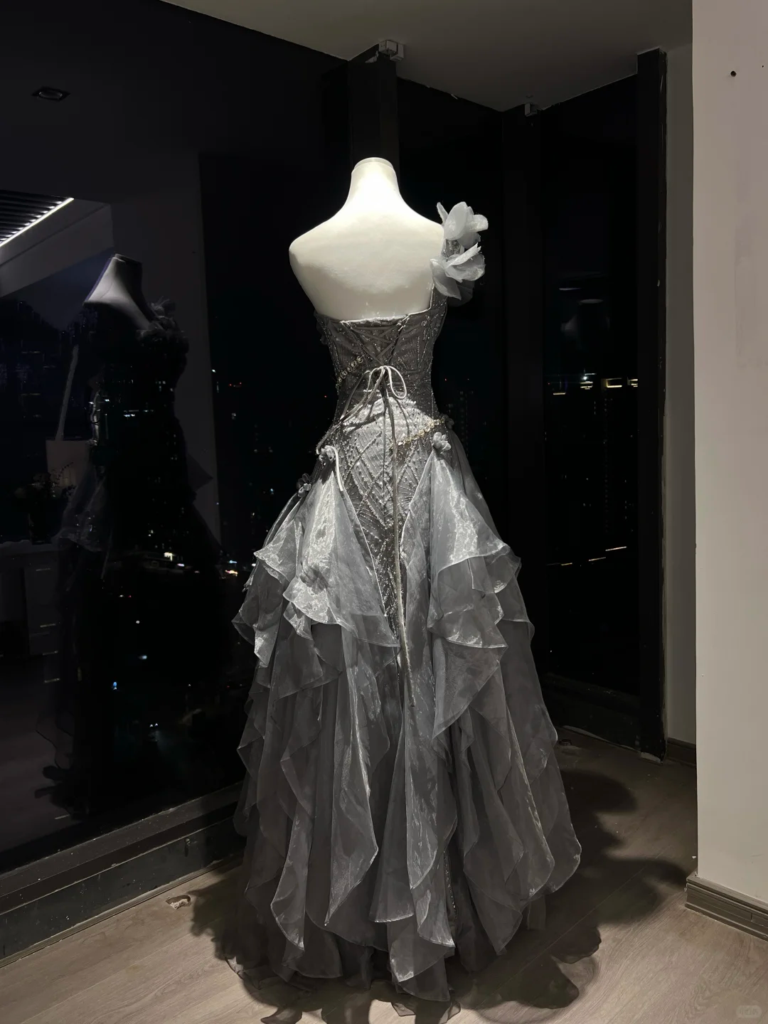Smoky Gray One Shoulder 3D Flower Ruffled Tulle Mermaid Prom Gown  NV7096
