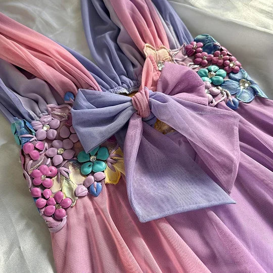 NiceVestidos--Gradient Homecoming Dress Purple Pink Fashion Gradient Exquisite Floral Short Chiffon Flower Fairy Dress Elf Dress Nv5582