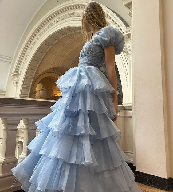 Blue tulle cute elegant layered long cake ball gown evening dress party dress nv2824