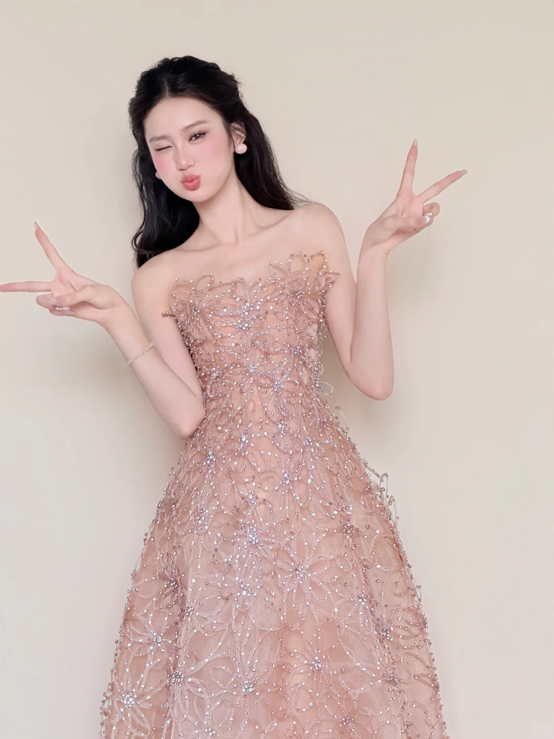 Nude Pink Strapless Spark Rhinestone Floral Midi Gown  NV7431