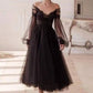 Black romantic ankle-length long sleeve tulle A-line applique long evening gown ball gown party dress nv2567