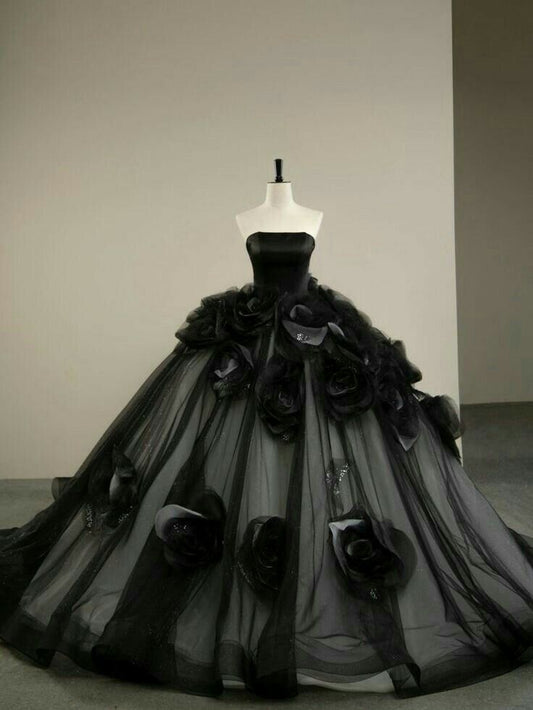 Black gorgeous exquisite floral elegant long tulle ball gown evening dress wedding dress nv3378