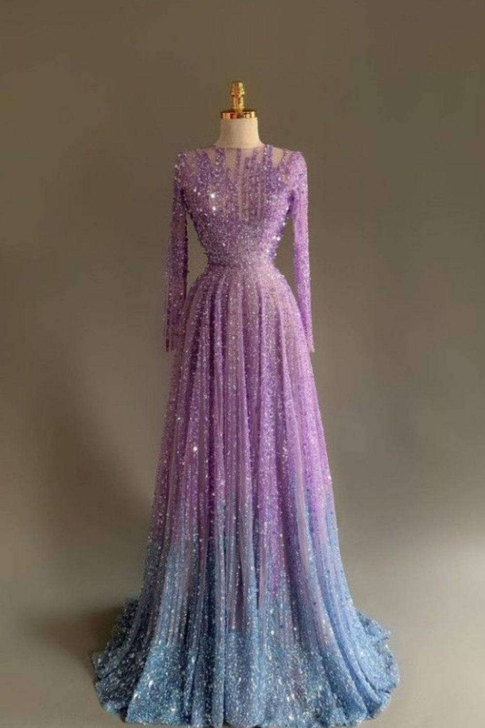 NiceVestidos-Pink And Purple Luxurious And Exquisite Beaded Tulle Long-Sleeved Prom Dress NV6127