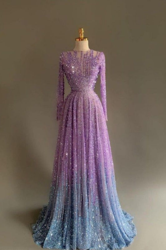NiceVestidos-Pink And Purple Luxurious And Exquisite Beaded Tulle Long-Sleeved Prom Dress NV6127